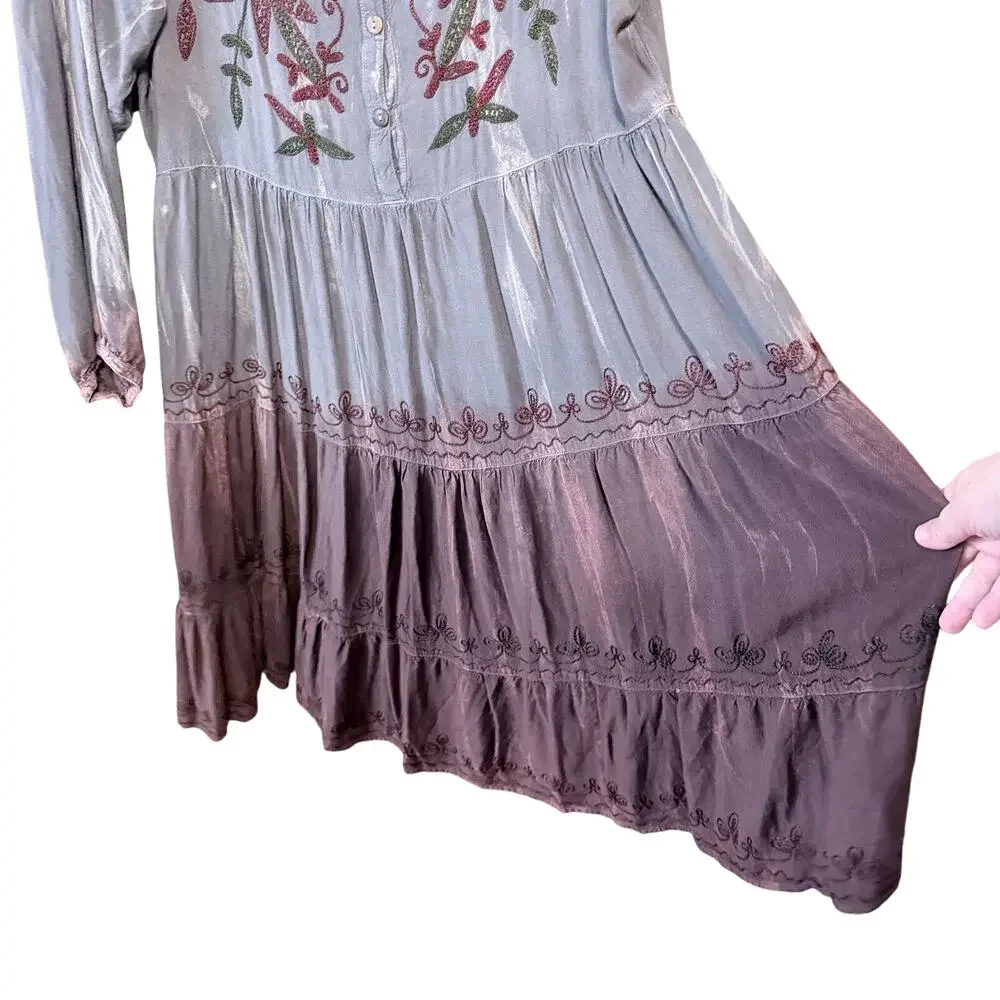 Sacred threads long sleeve boho ombré floral embroidered dress XXL gray maroon - Picture 7 of 9